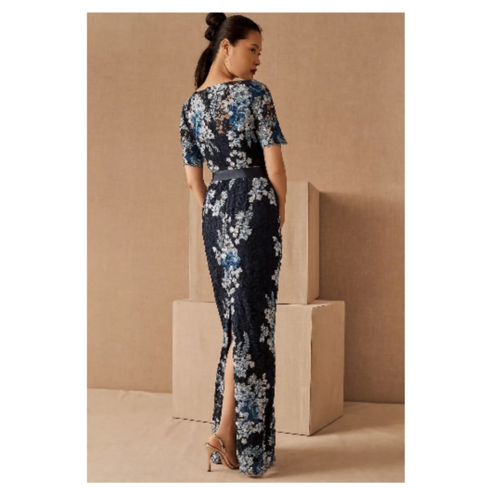 Adrianna Papell Navy Floral Lace Column Maxi Gown Short Sleeve NWT 2 - Picture 5 of 10